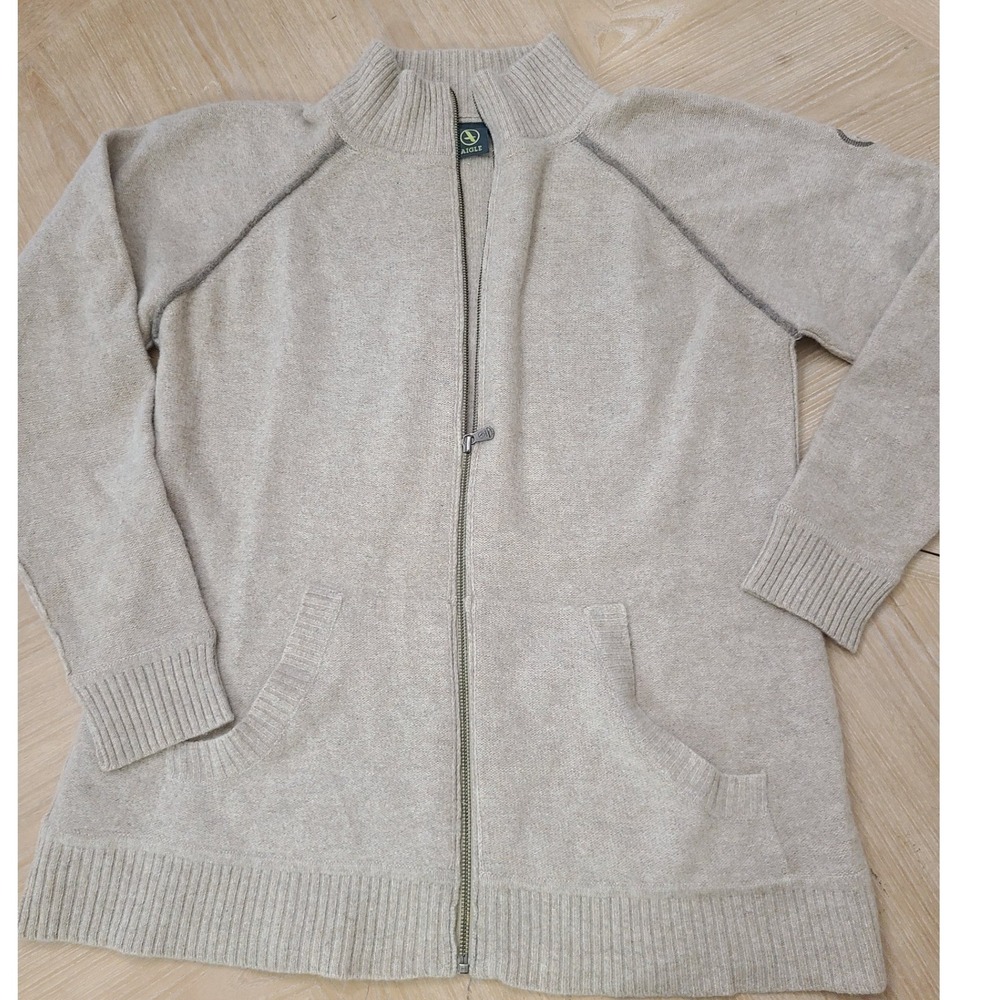 Aigle Full Zip Wool Sweater Mens XL Beige Mock Neck Raglan Cardigan